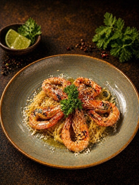Spaghetti with Grilled Shrimp in Pink Sauce